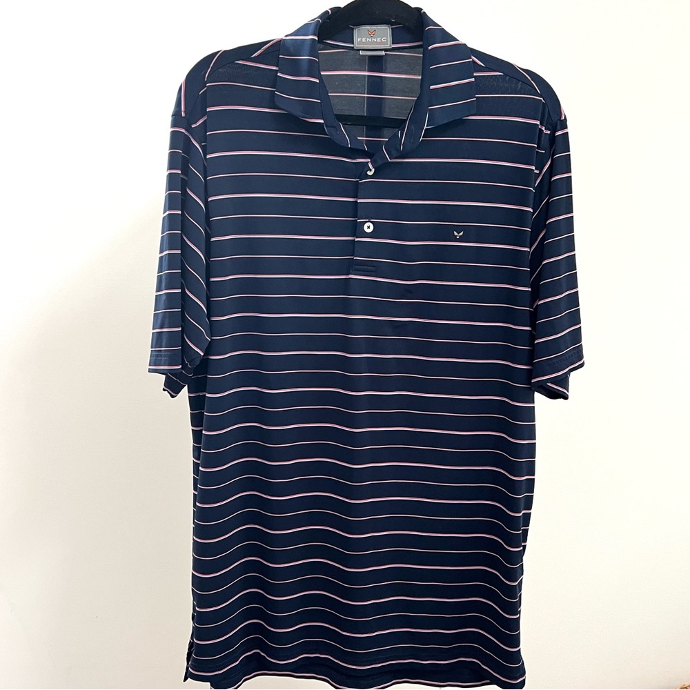 FENNEC Navy Blue Pink Striped Polo Golf Shirt Short Sleeve Mens Size MEDIUM EUC